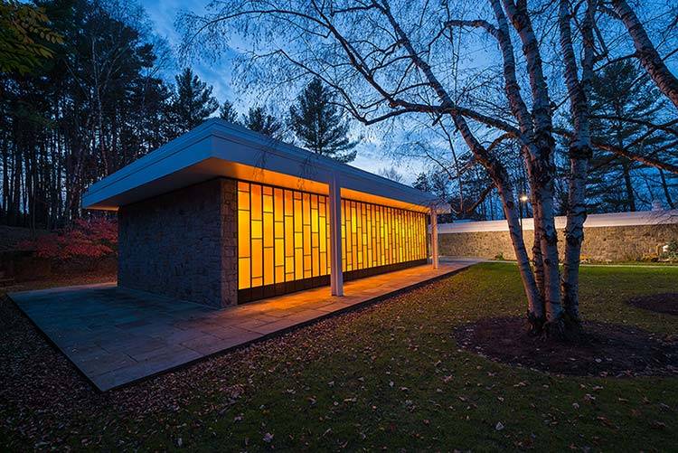 The chapel at Chapel House lit up at night