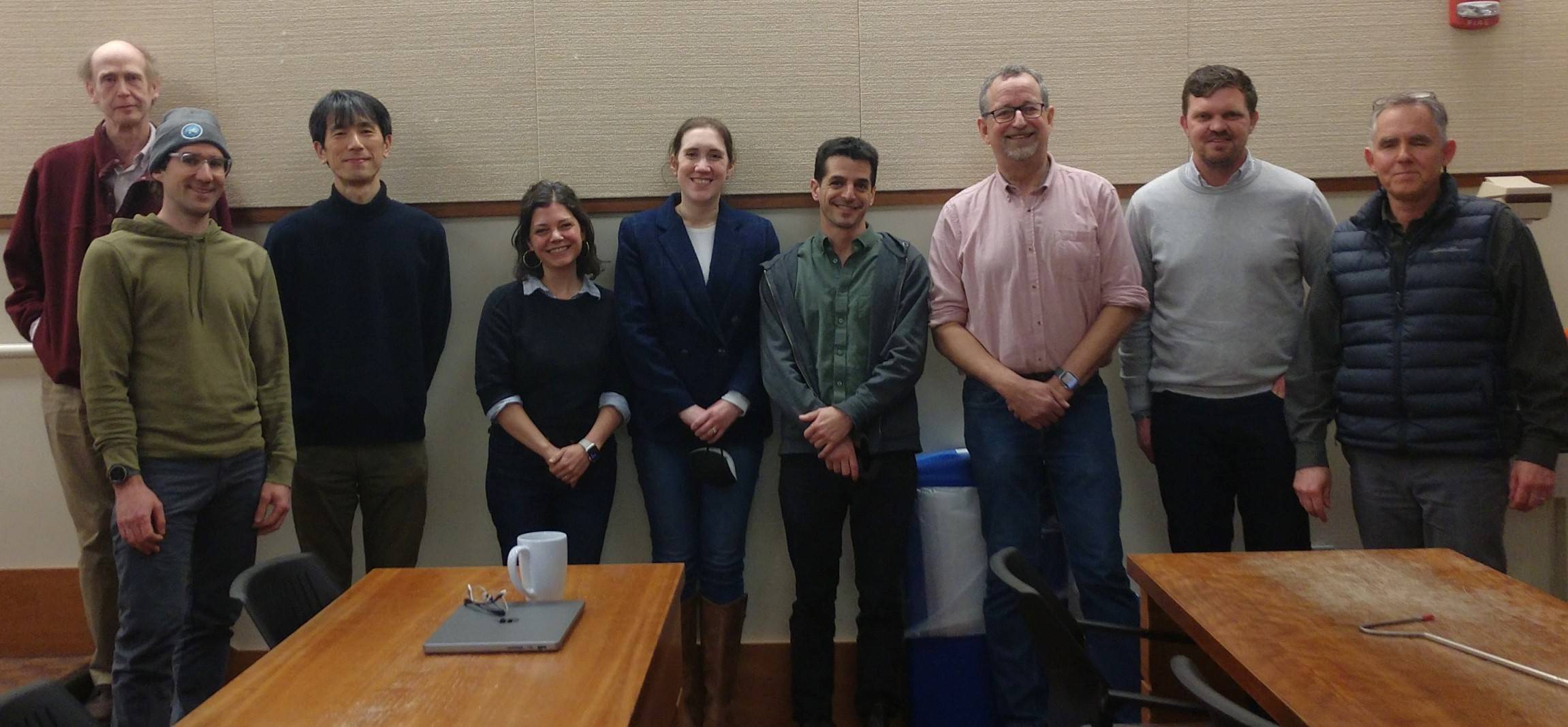 Professors attending Gould Lecture. L-R: Professors William Meyer, Michael Loranty, Daisaku Yamamoto, Emily Mitchell-Eaton, Madeline Hamlin, Teo Ballve, Jake Bendix, Justin Hartnett, Adam Burnett