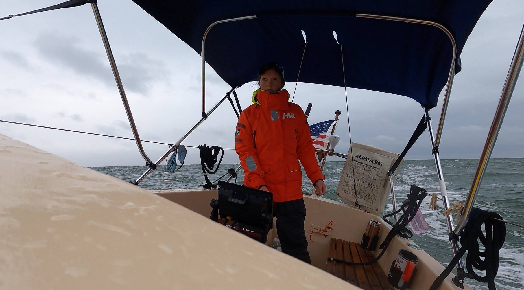 Kelsey Bonham '22 in her boat, Little Wing.