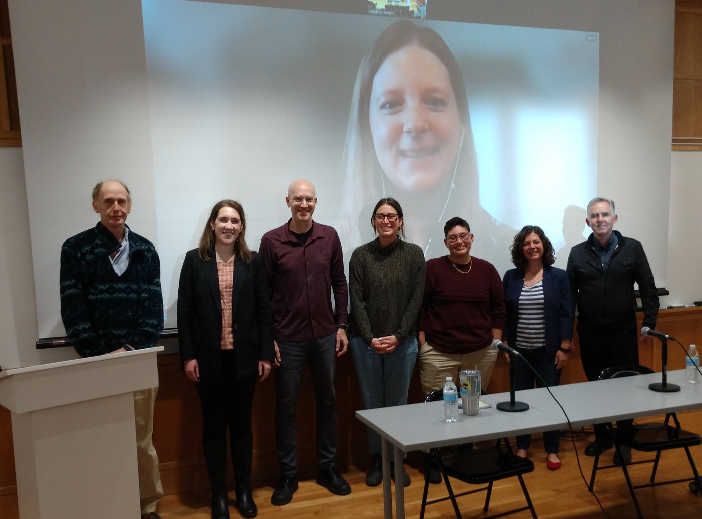 Geography Faculty and Alumni.  Pictured l-r: Profs William Meyer, Maddy Hamlin, Peter Klepeis, Jenna Lilly '17, Robyn E Emeson, Esq. '03, Jasmin Lopez '22, Profs Emily Mitchell-Eaton and Adam Burnett.